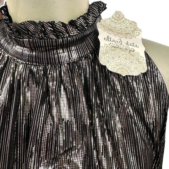Altar'd State Black Gold Metallic Sleeveless Slinky Ruffle High Neck (XL) -NEW‎ - Picture 2 of 13